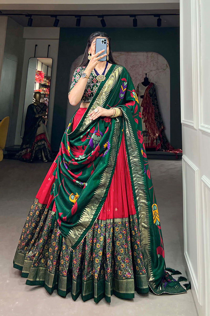 Red & Green Tussar Silk Kalamkari Print Lehenga Choli With Dupatta And Foil Work Border