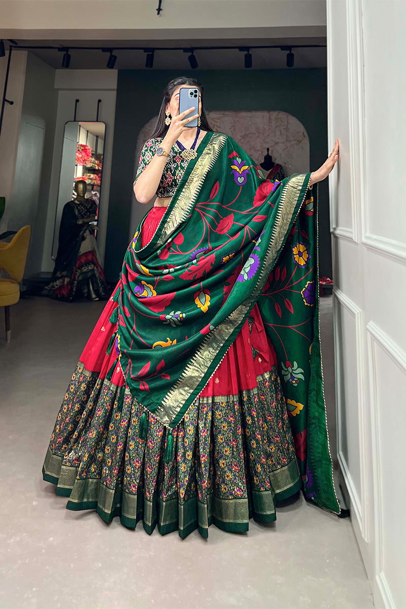 Red & Green Tussar Silk Kalamkari Print Lehenga Choli With Dupatta And Foil Work Border