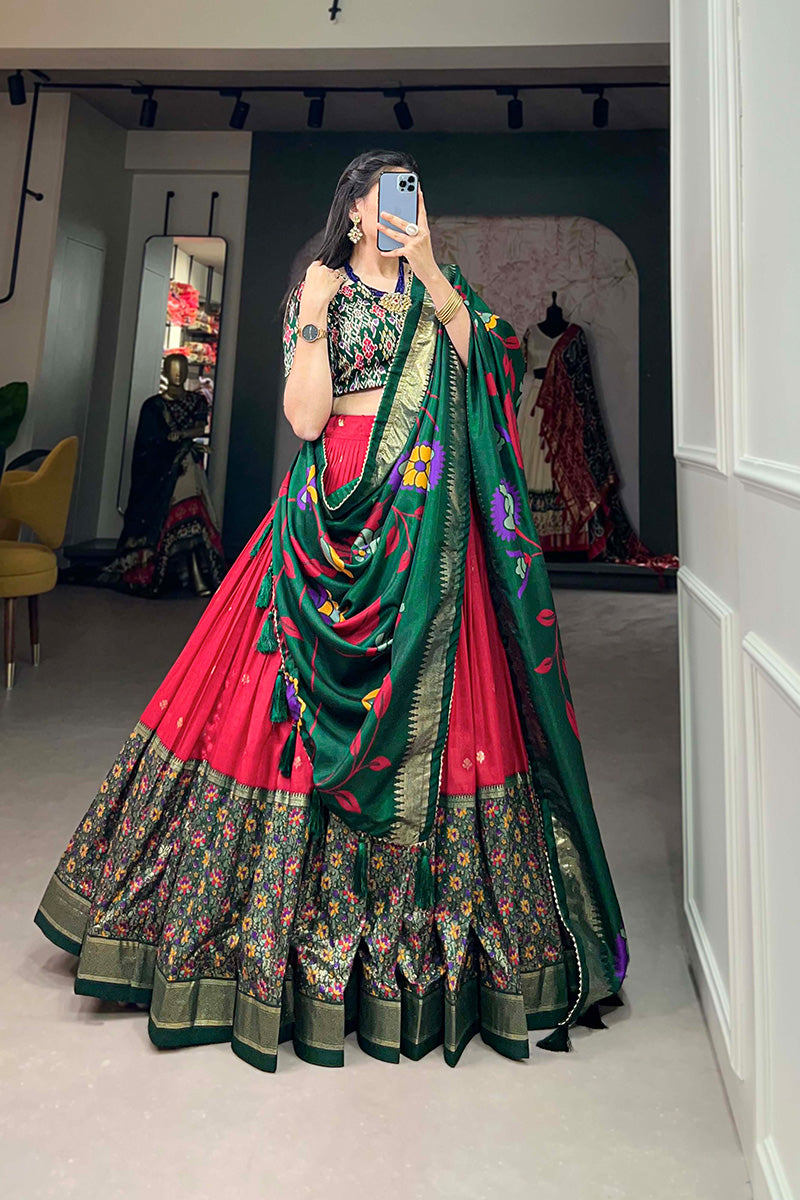 Red & Green Tussar Silk Kalamkari Print Lehenga Choli With Dupatta And Foil Work Border