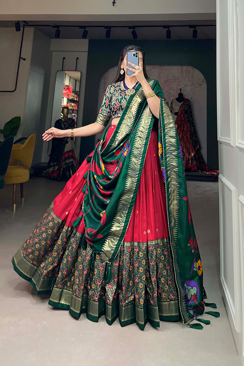 Red & Green Tussar Silk Kalamkari Print Lehenga Choli With Dupatta And Foil Work Border