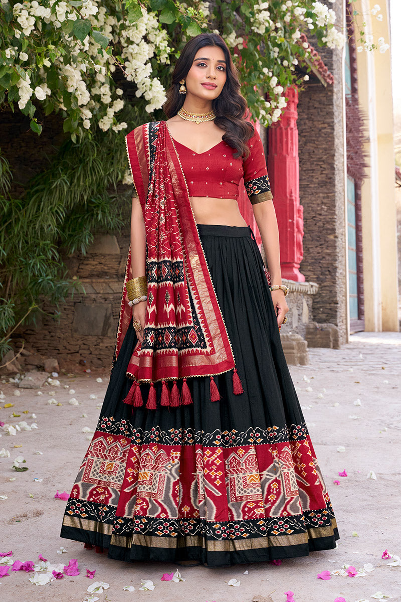 Black & Red Tussar Silk Sophisticated Foil Work Border Kalamkari Lehenga Choli