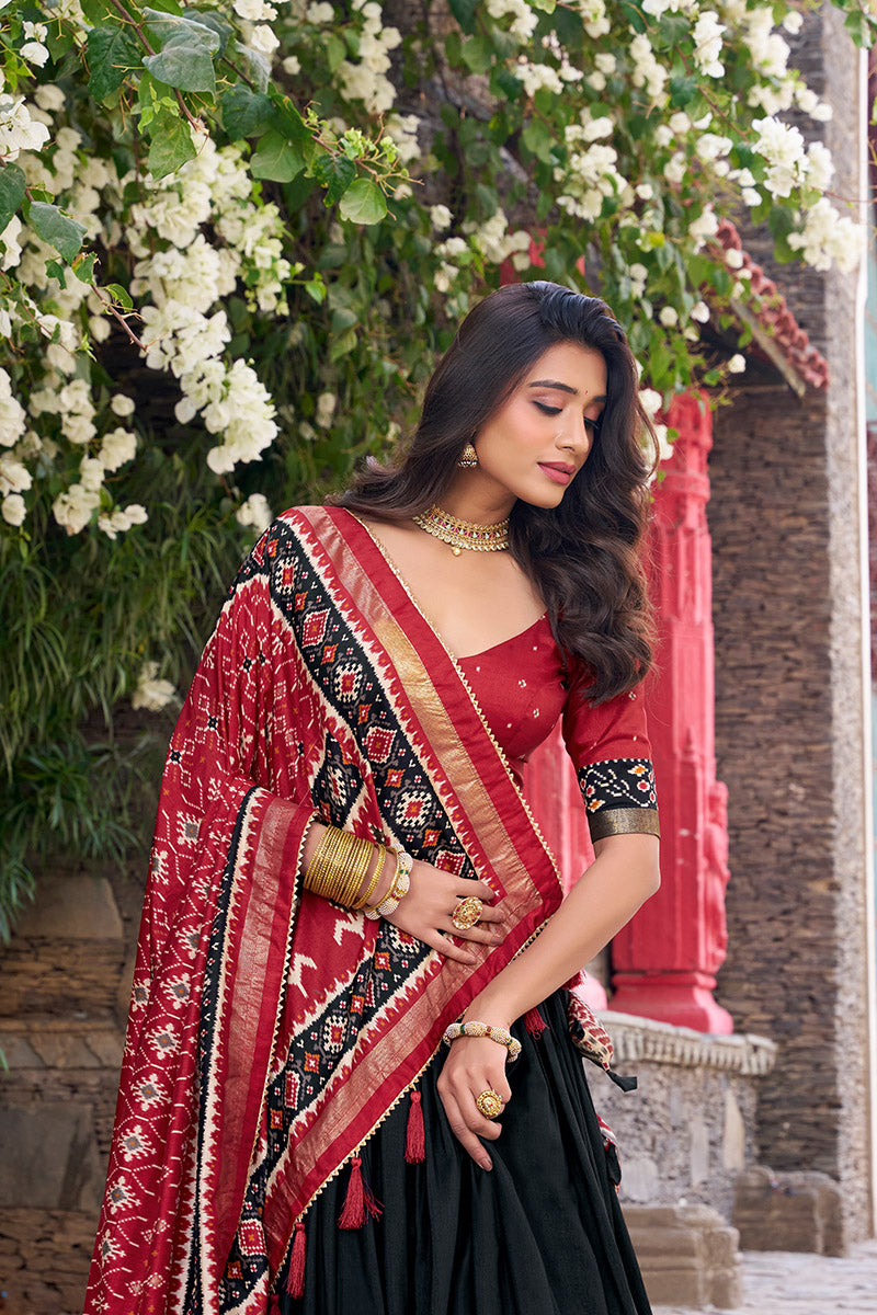 Black & Red Tussar Silk Sophisticated Foil Work Border Kalamkari Lehenga Choli