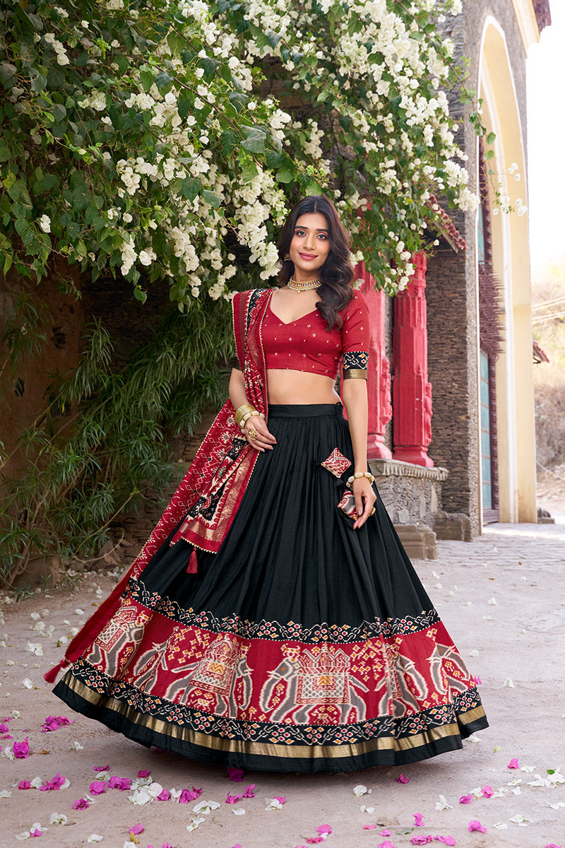 Black & Red Tussar Silk Sophisticated Foil Work Border Kalamkari Lehenga Choli