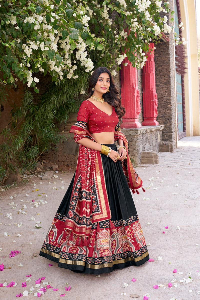 Black & Red Tussar Silk Sophisticated Foil Work Border Kalamkari Lehenga Choli