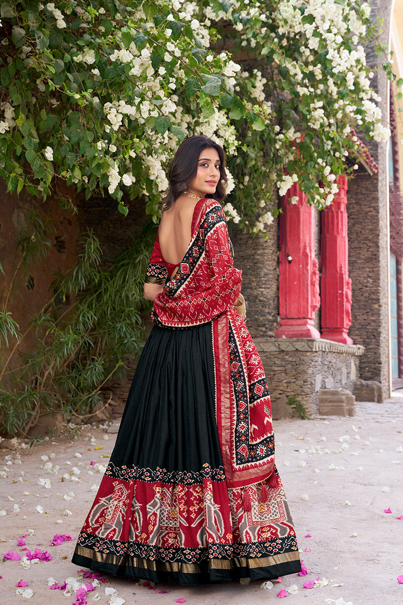 Black & Red Tussar Silk Sophisticated Foil Work Border Kalamkari Lehenga Choli