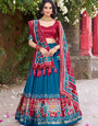 Firozi & Red Tussar Silk Sophisticated Foil Work Border Kalamkari Lehenga Choli
