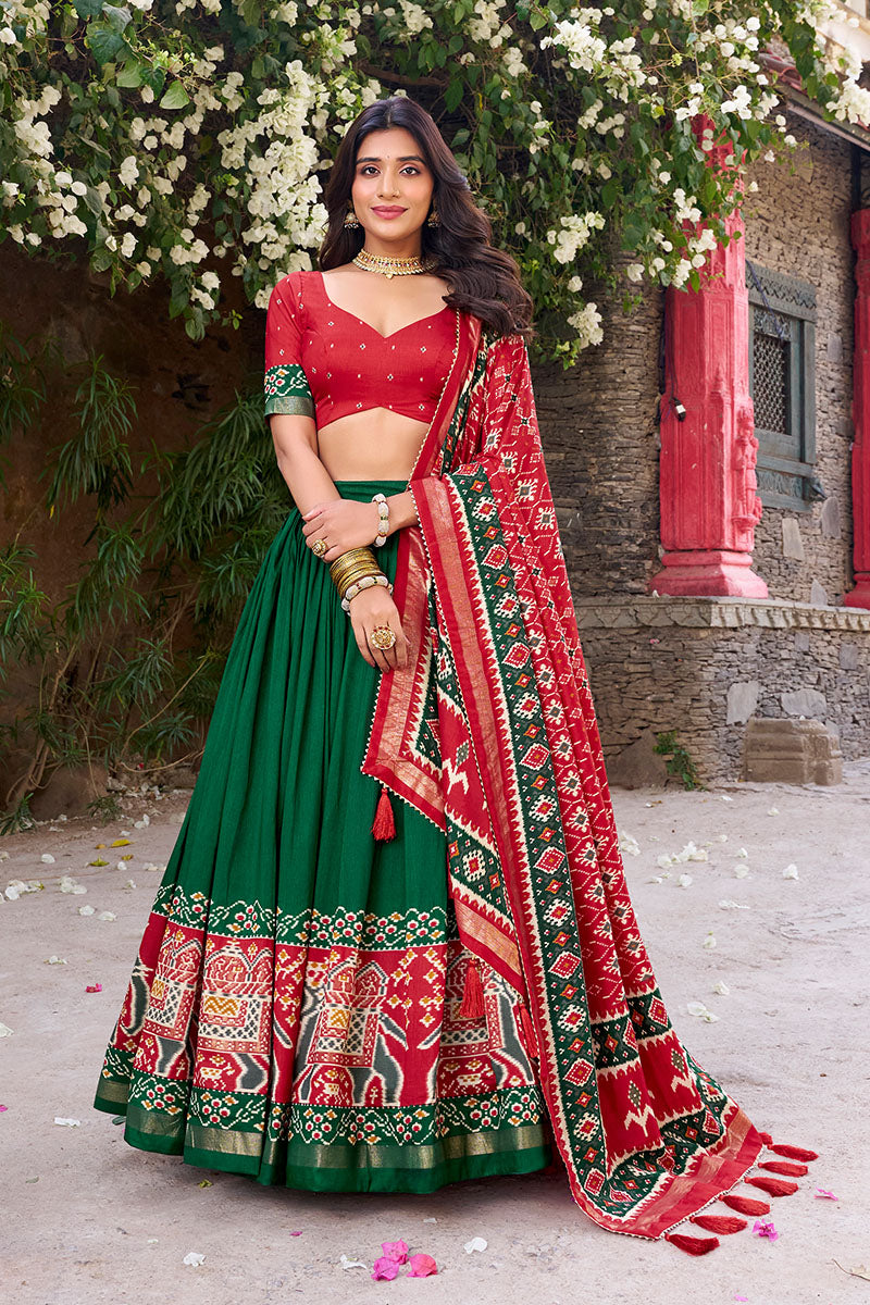 Elegant Green & Red Tussar Silk Sophisticated Foil Work Border Kalamkari Lehenga Choli