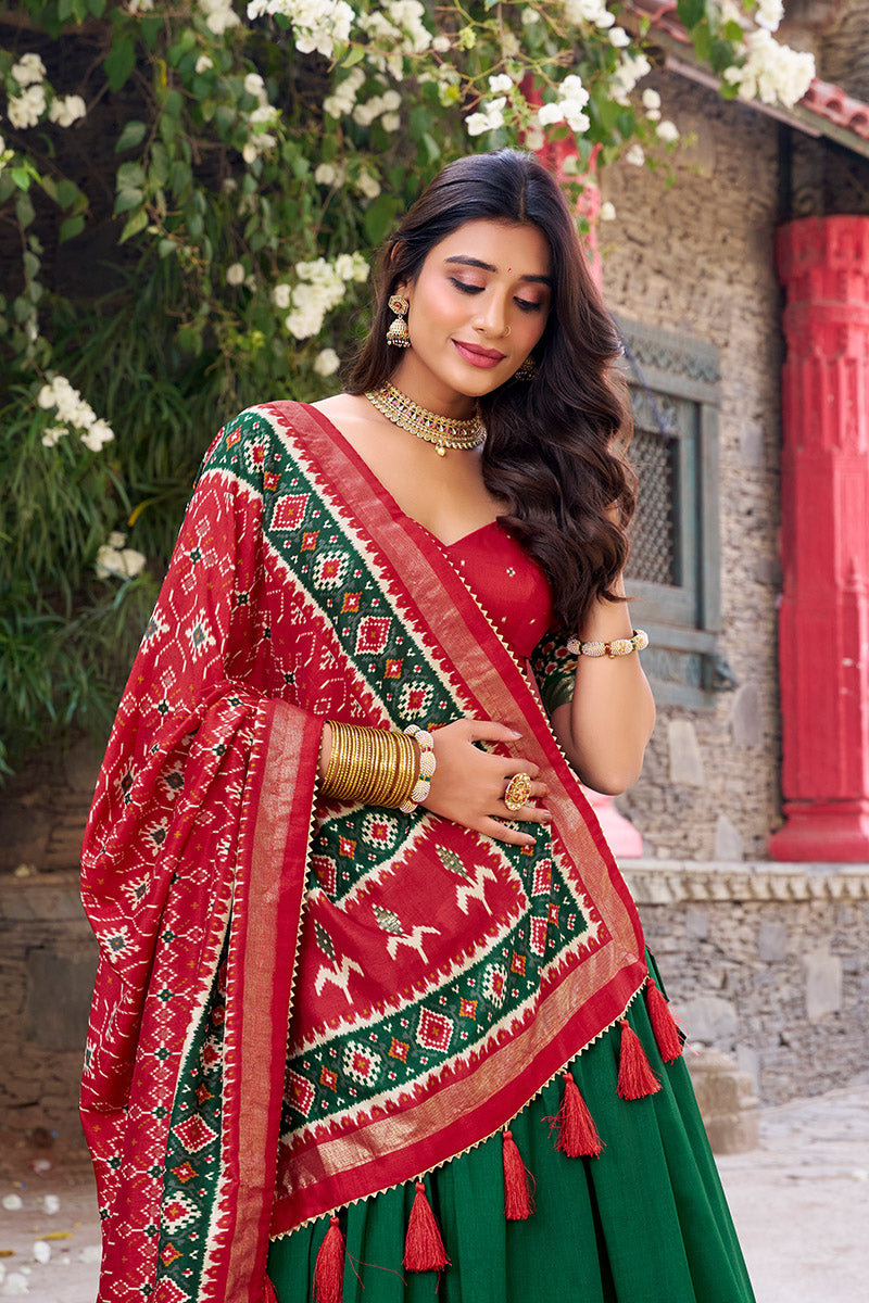 Elegant Green & Red Tussar Silk Sophisticated Foil Work Border Kalamkari Lehenga Choli