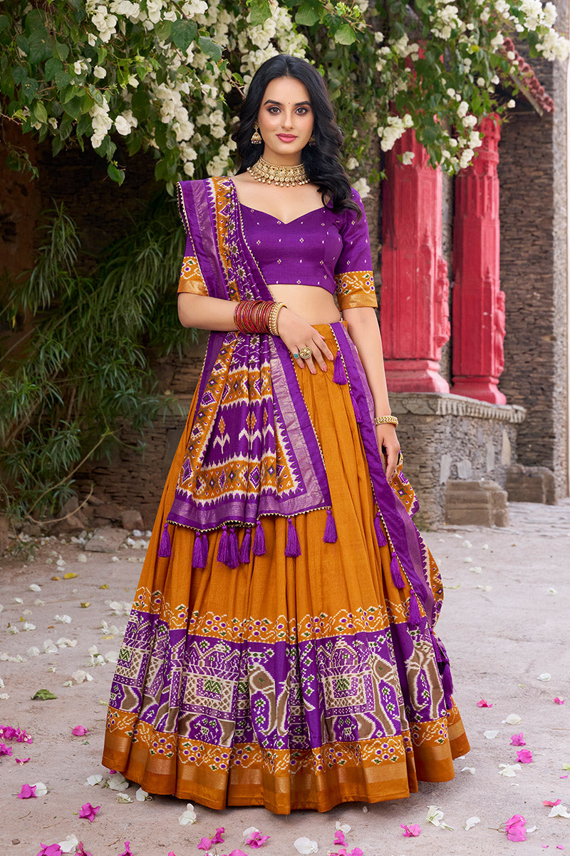 Mustard & Purple Tussar Silk Sophisticated Foil Work Border Kalamkari Lehenga Choli