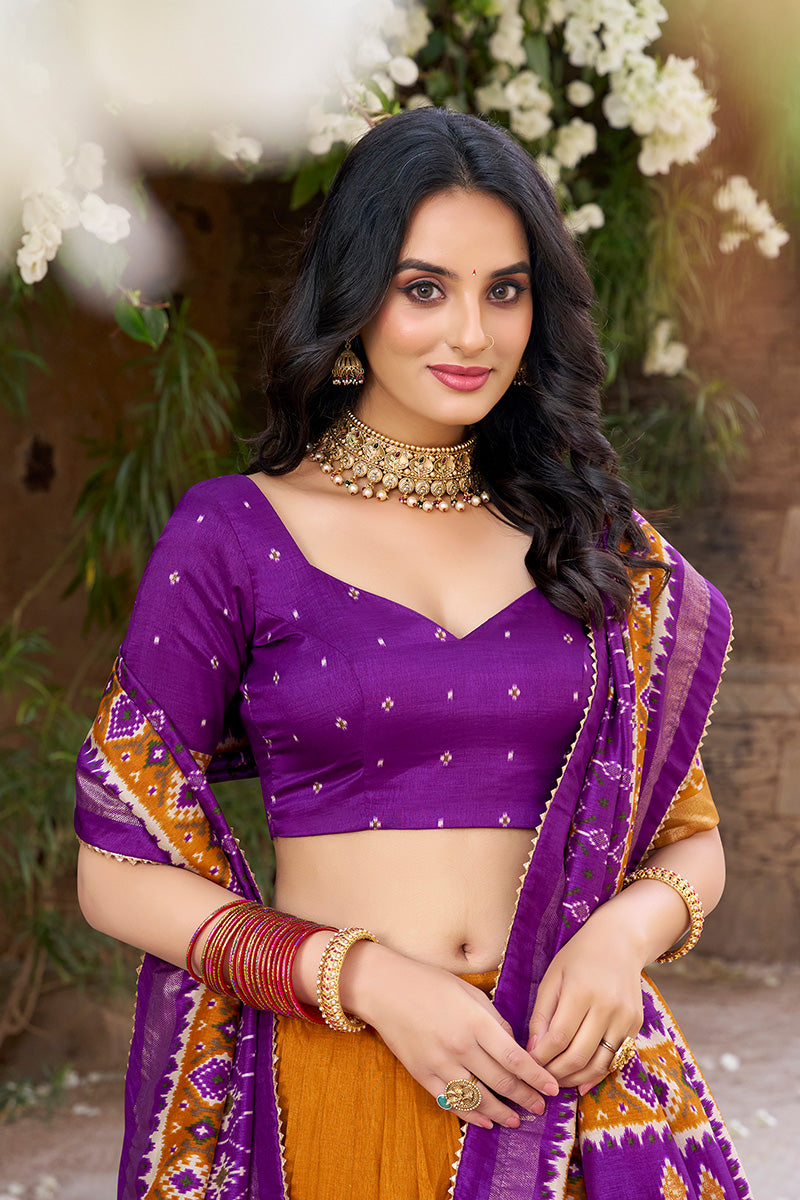 Mustard & Purple Tussar Silk Sophisticated Foil Work Border Kalamkari Lehenga Choli