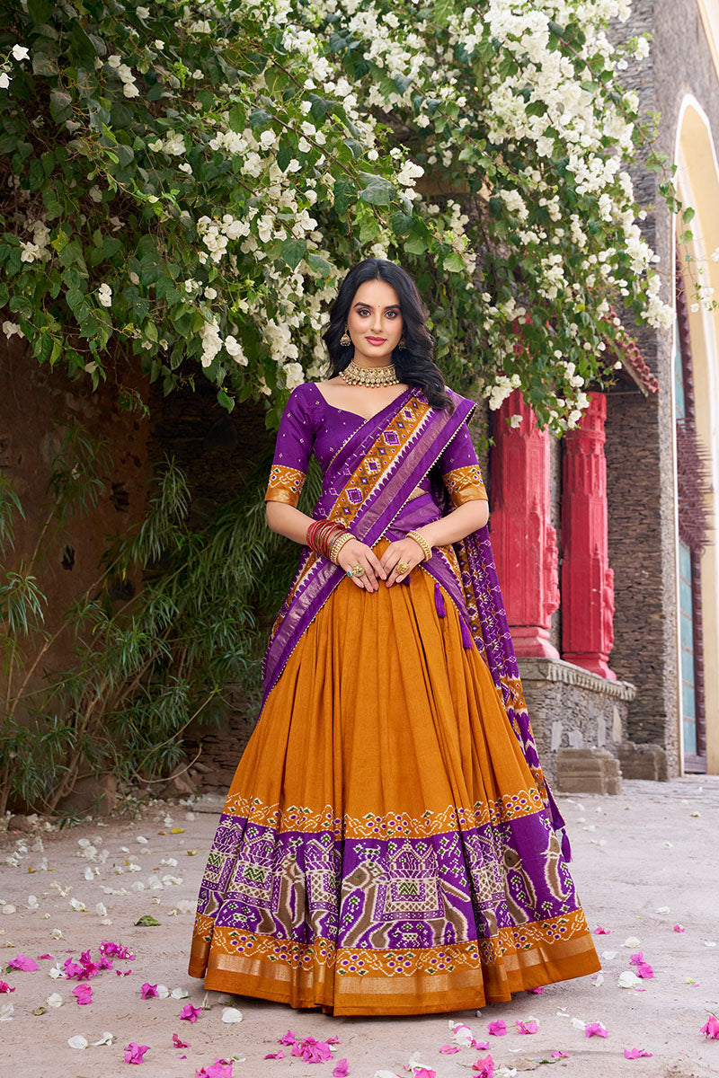Mustard & Purple Tussar Silk Sophisticated Foil Work Border Kalamkari Lehenga Choli