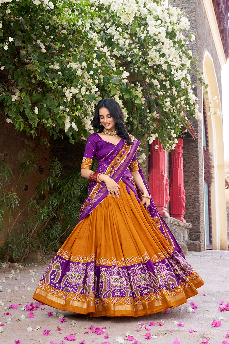 Mustard & Purple Tussar Silk Sophisticated Foil Work Border Kalamkari Lehenga Choli