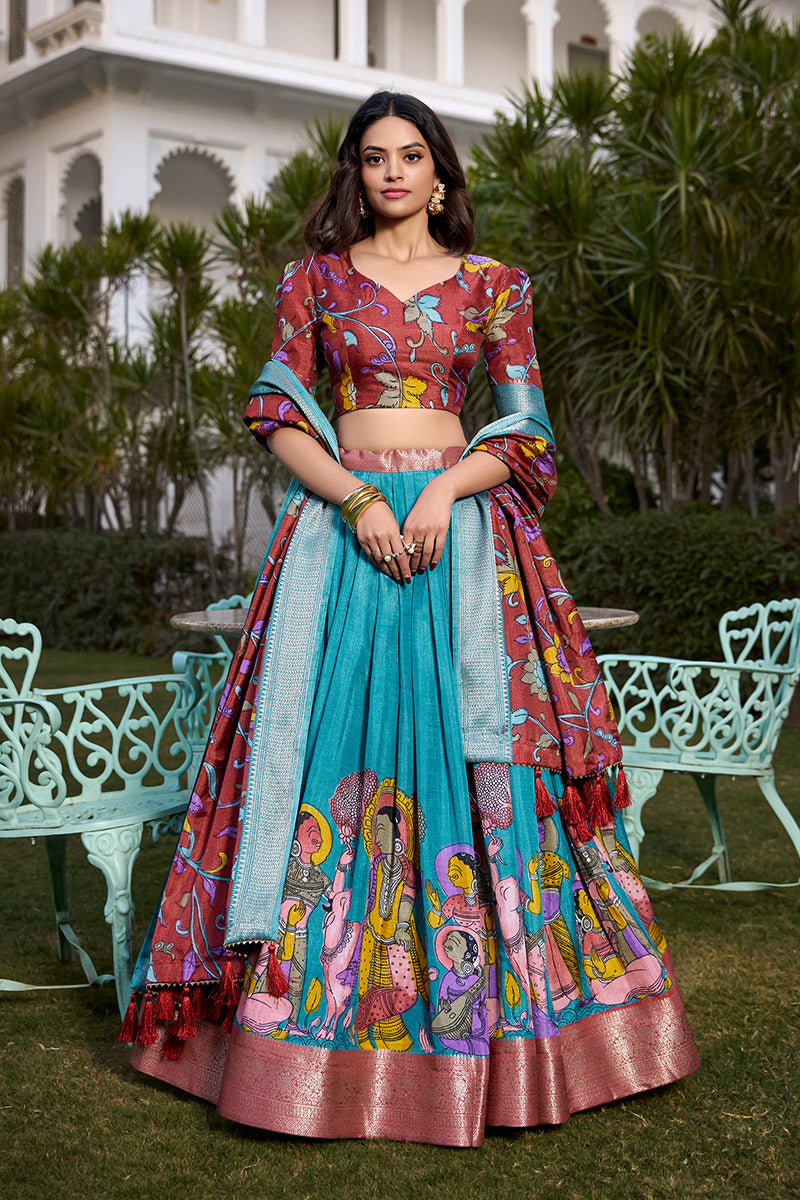 Firozi Tussar Silk Lehenga Choli With Dupatta