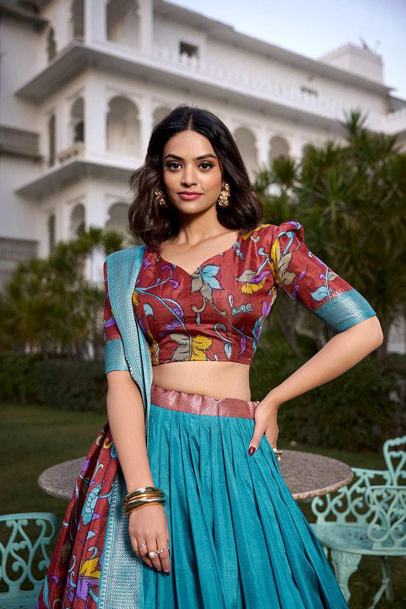 Firozi Tussar Silk Lehenga Choli With Dupatta