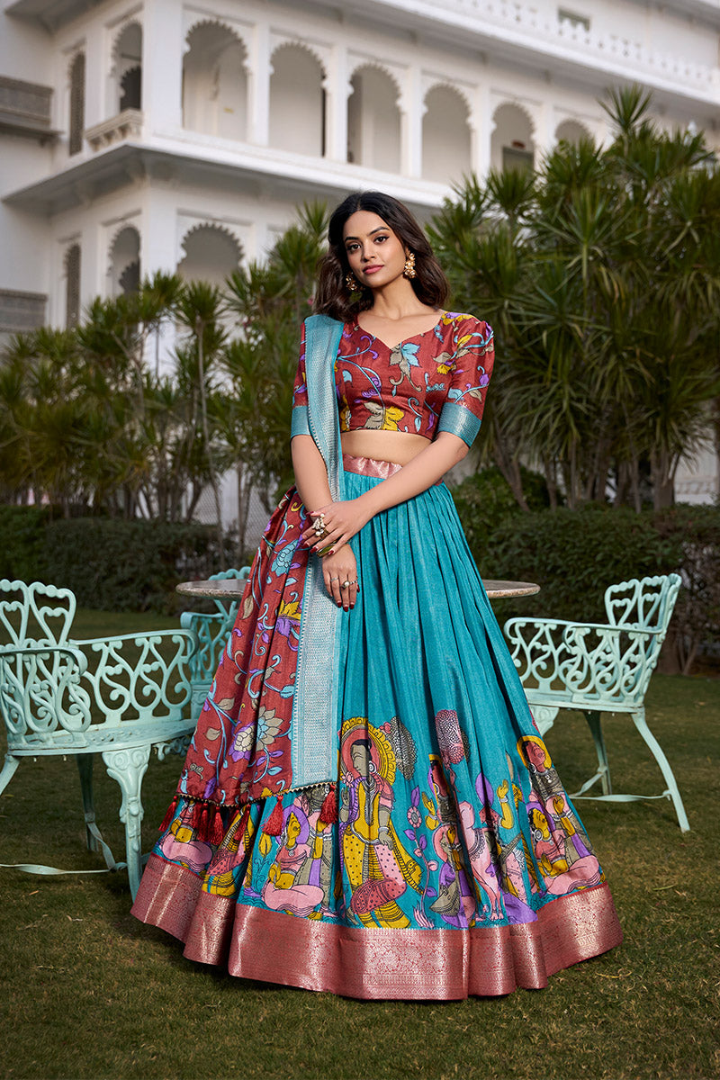 Firozi Tussar Silk Lehenga Choli With Dupatta