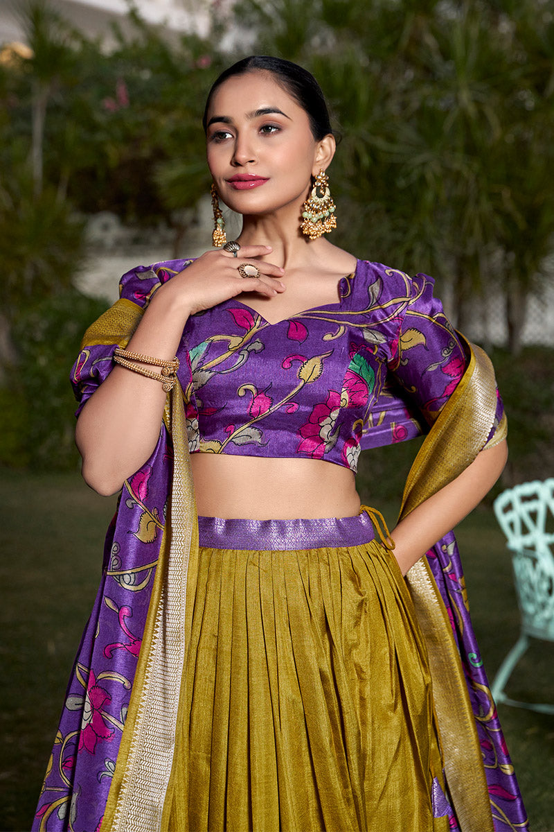 Mustard Yellow And Purple Tussar Silk Lehenga Choli With Dupatta