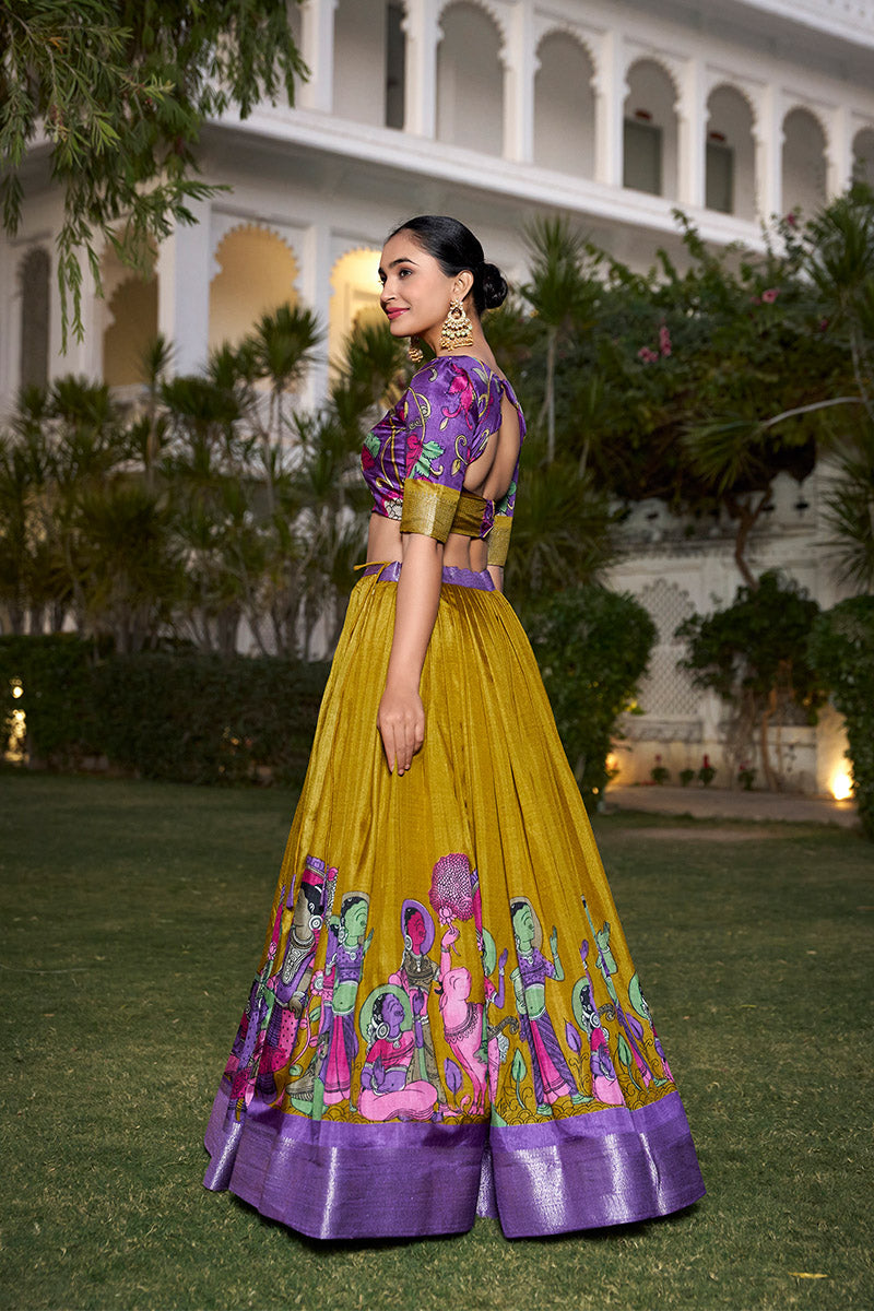Mustard Yellow And Purple Tussar Silk Lehenga Choli With Dupatta