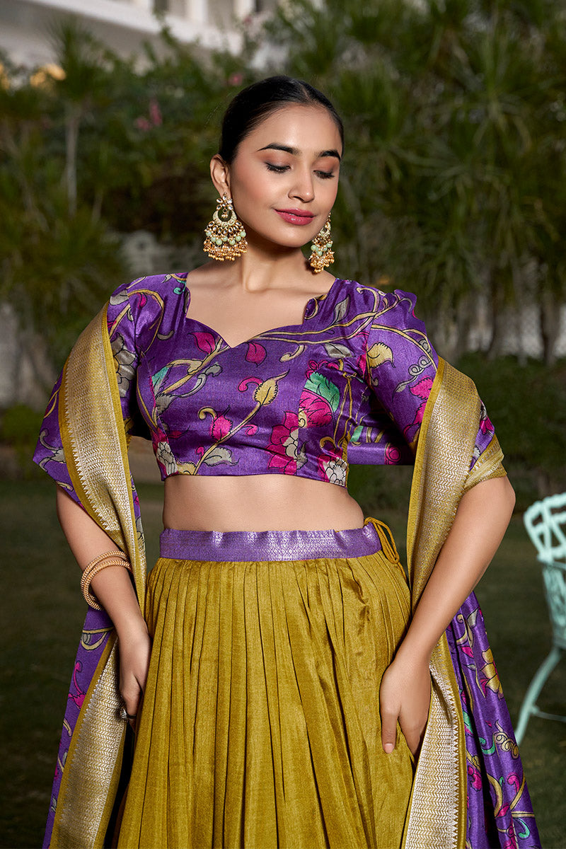 Mustard Yellow And Purple Tussar Silk Lehenga Choli With Dupatta