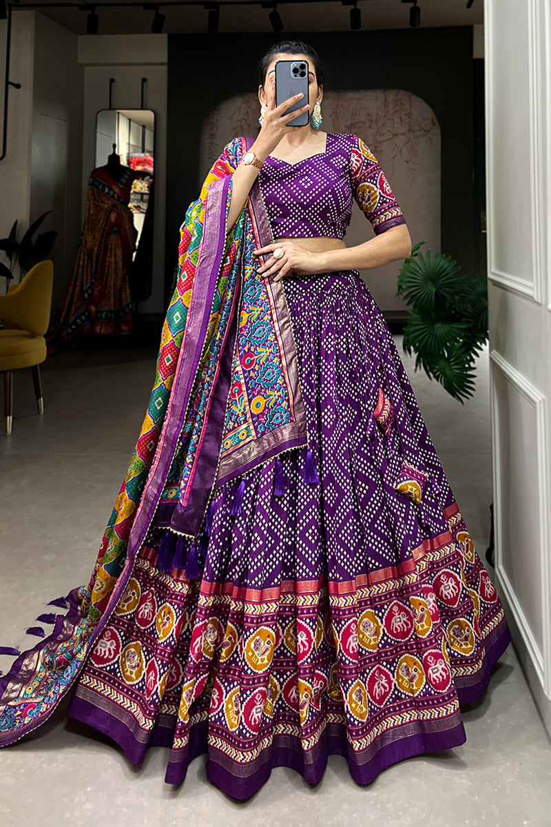 Majestic Purple Bandhej Tusser Silk Lehenga Choli With Multicolor Dupatta