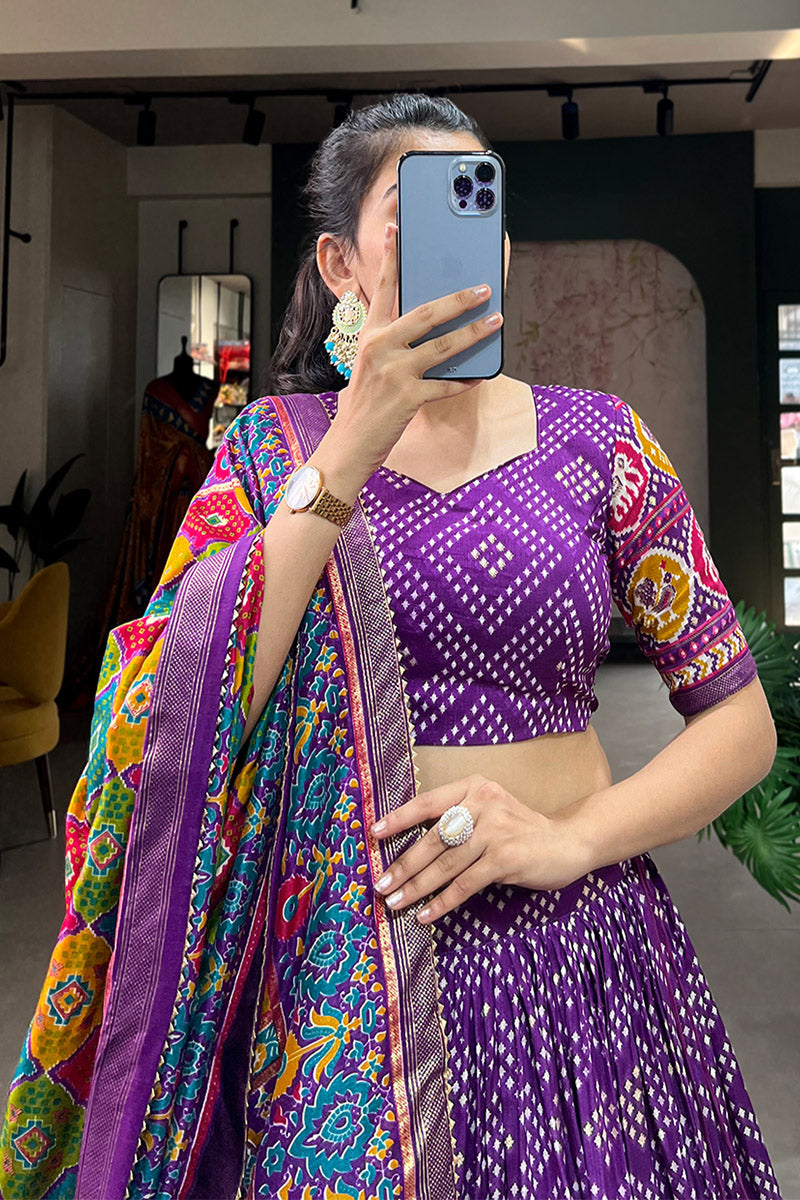 Majestic Purple Bandhej Tusser Silk Lehenga Choli With Multicolor Dupatta
