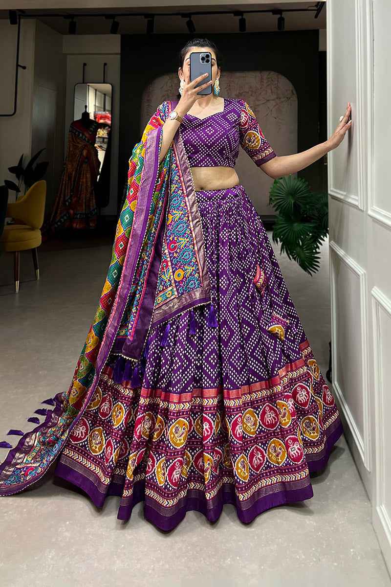 Majestic Purple Bandhej Tusser Silk Lehenga Choli With Multicolor Dupatta