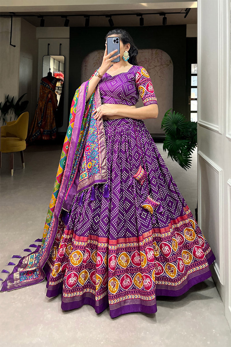 Majestic Purple Bandhej Tusser Silk Lehenga Choli With Multicolor Dupatta