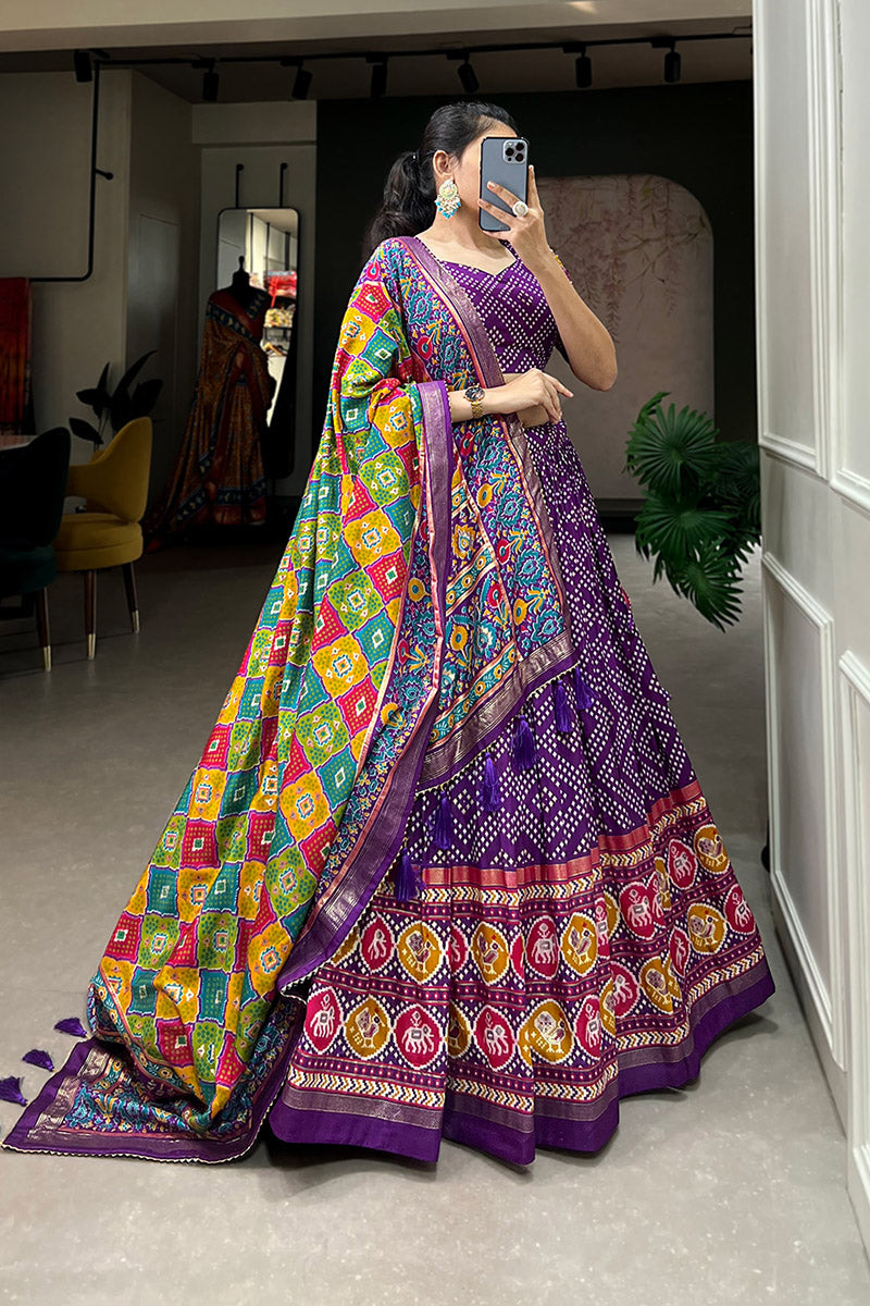 Majestic Purple Bandhej Tusser Silk Lehenga Choli With Multicolor Dupatta