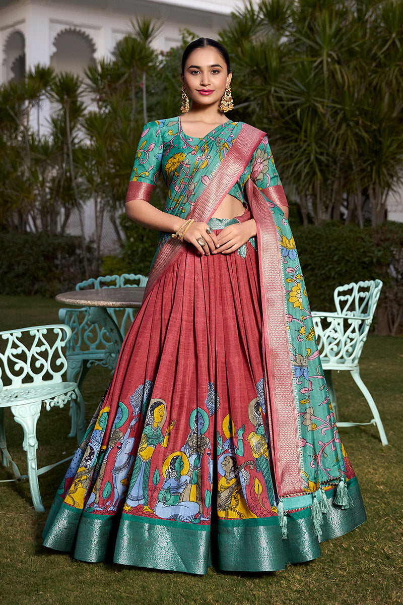 Rust Red & Teal Blue Tussar Silk Lehenga Choli With Dupatta
