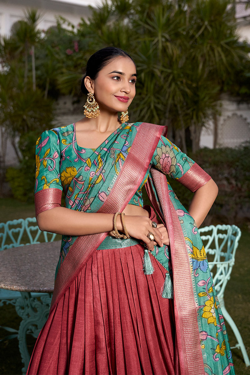 Rust Red & Teal Blue Tussar Silk Lehenga Choli With Dupatta