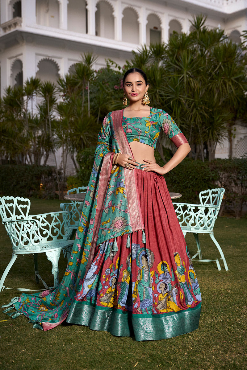 Rust Red & Teal Blue Tussar Silk Lehenga Choli With Dupatta