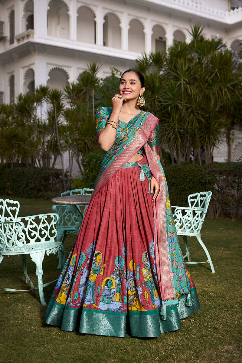 Rust Red & Teal Blue Tussar Silk Lehenga Choli With Dupatta