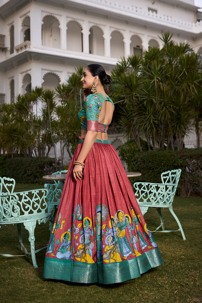 Rust Red & Teal Blue Tussar Silk Lehenga Choli With Dupatta