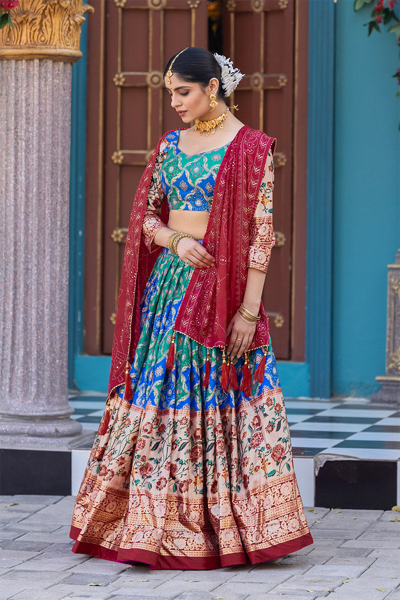 Exquisite Blue Tussar Silk Floral & Patola Print Lehenga Choli Set