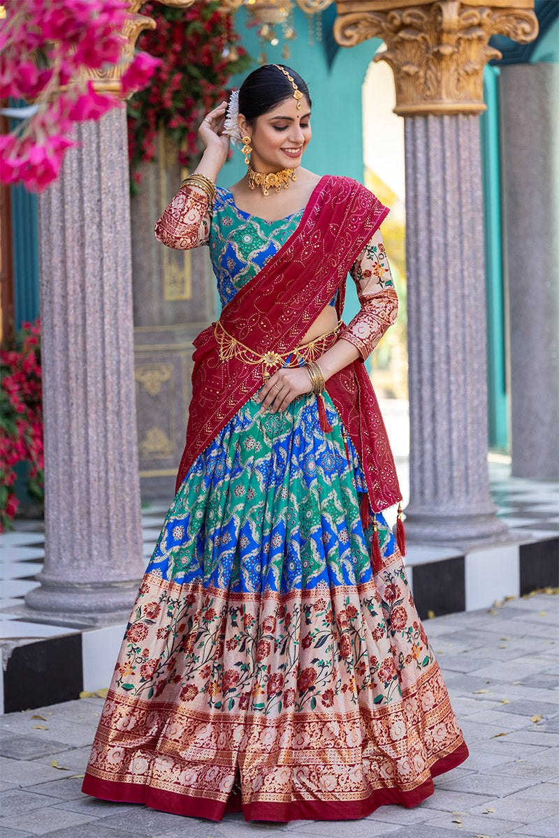 Exquisite Blue Tussar Silk Floral & Patola Print Lehenga Choli Set