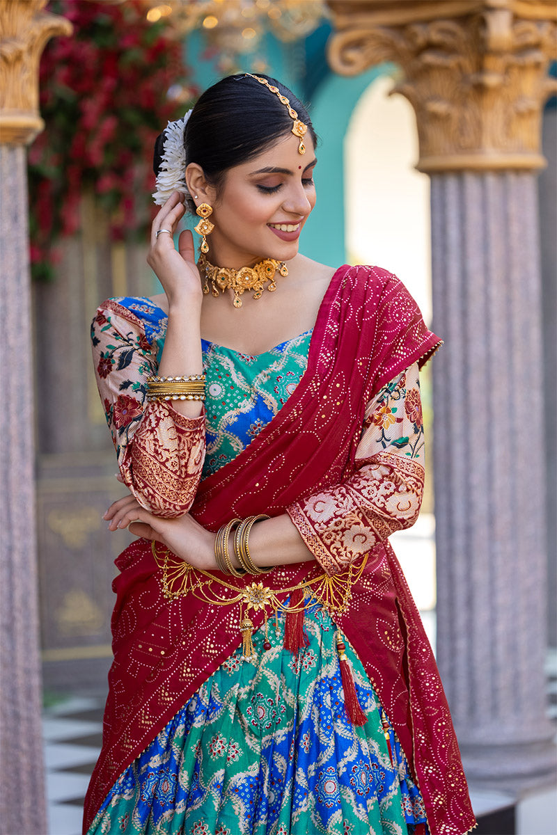 Exquisite Blue Tussar Silk Floral & Patola Print Lehenga Choli Set