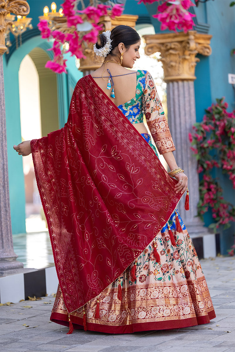 Exquisite Blue Tussar Silk Floral & Patola Print Lehenga Choli Set