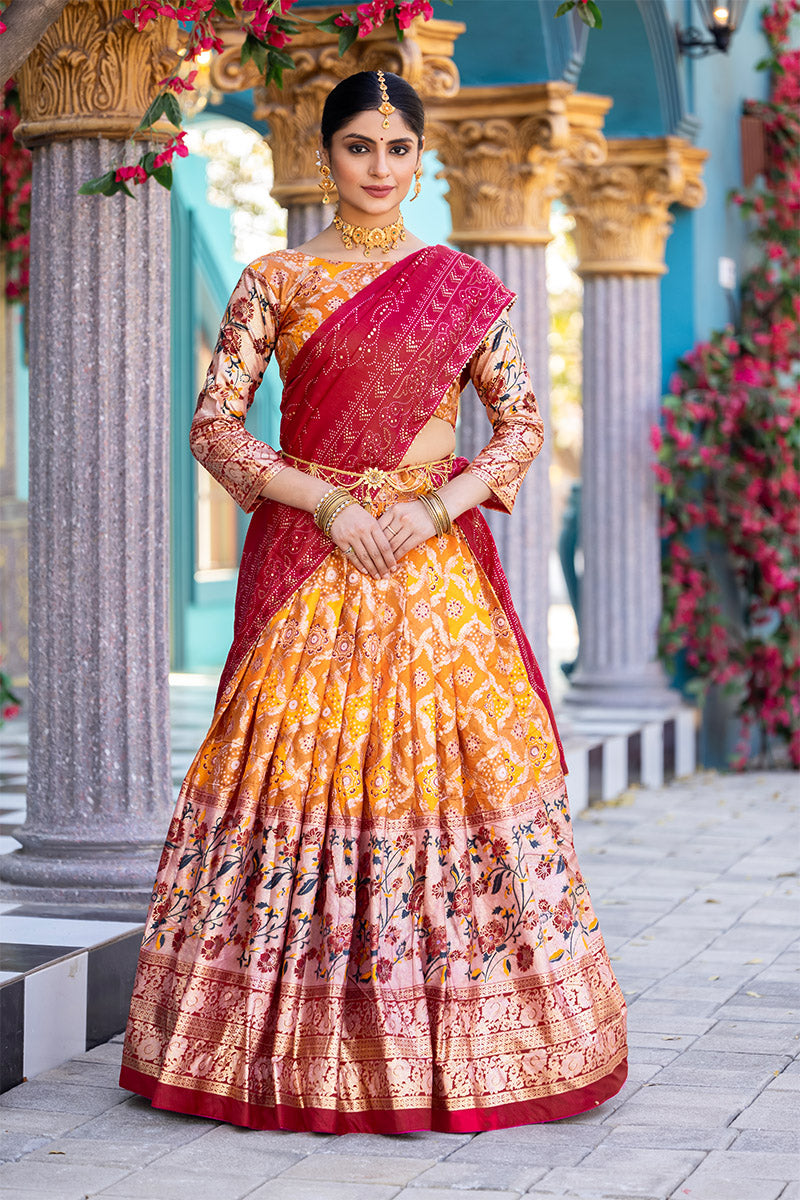 Exquisite Orange Tussar Silk Floral & Patola Print Lehenga Choli Set