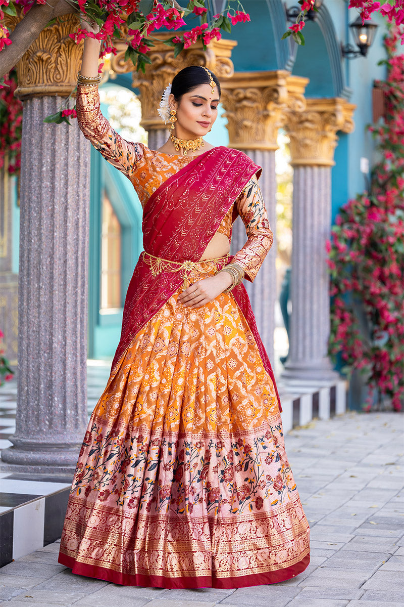 Exquisite Orange Tussar Silk Floral & Patola Print Lehenga Choli Set
