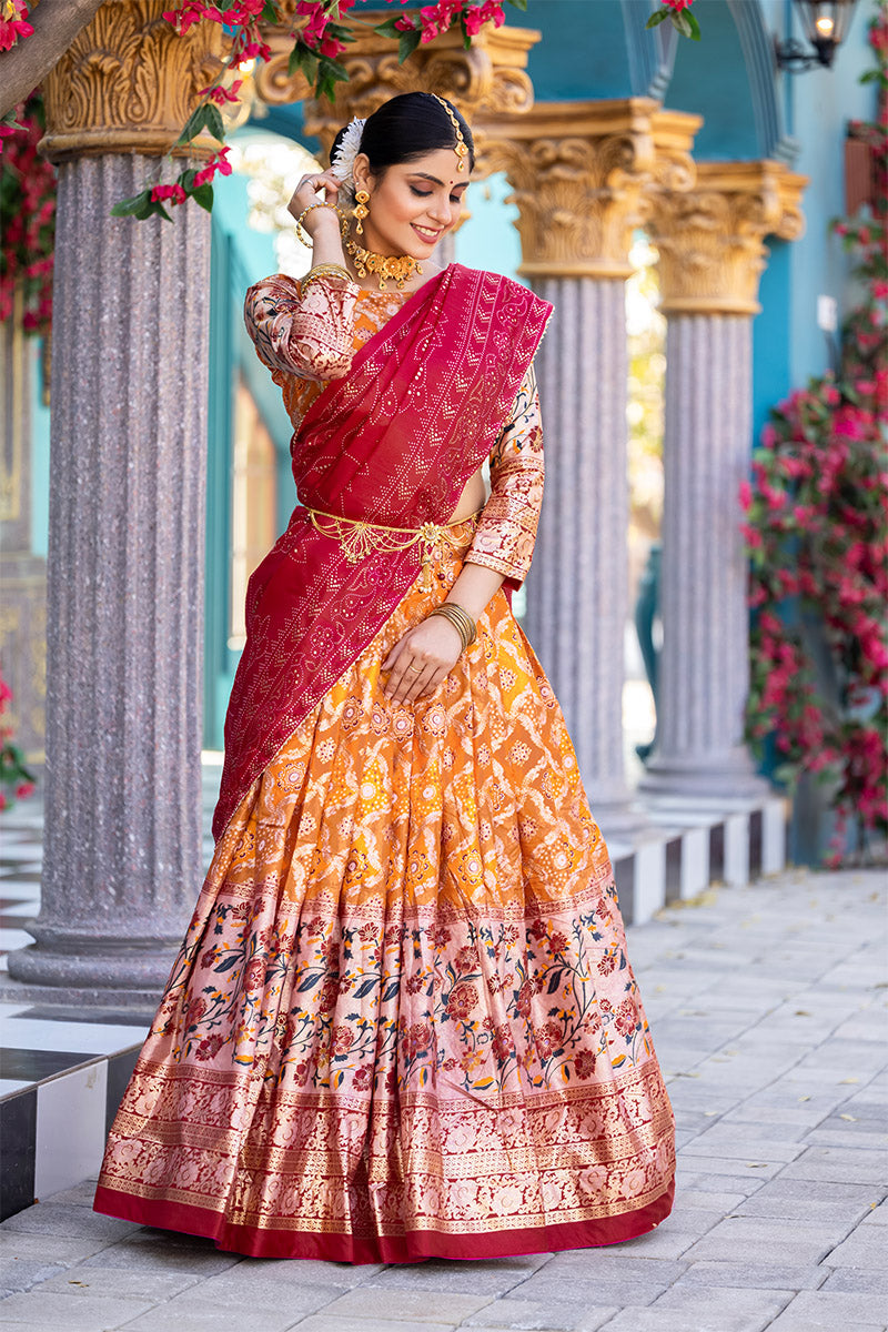 Exquisite Orange Tussar Silk Floral & Patola Print Lehenga Choli Set