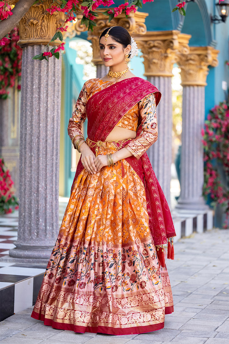 Exquisite Orange Tussar Silk Floral & Patola Print Lehenga Choli Set