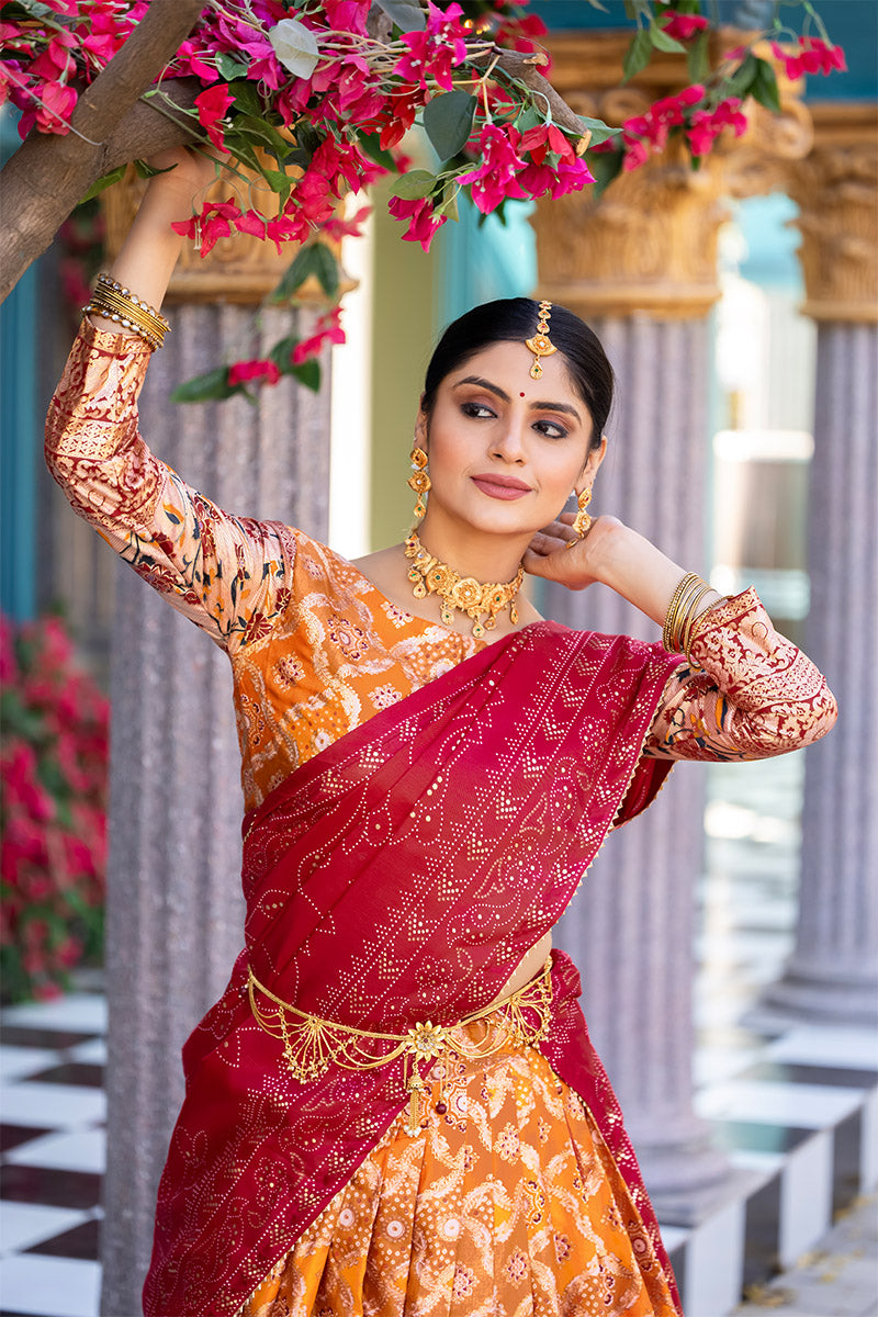 Exquisite Orange Tussar Silk Floral & Patola Print Lehenga Choli Set