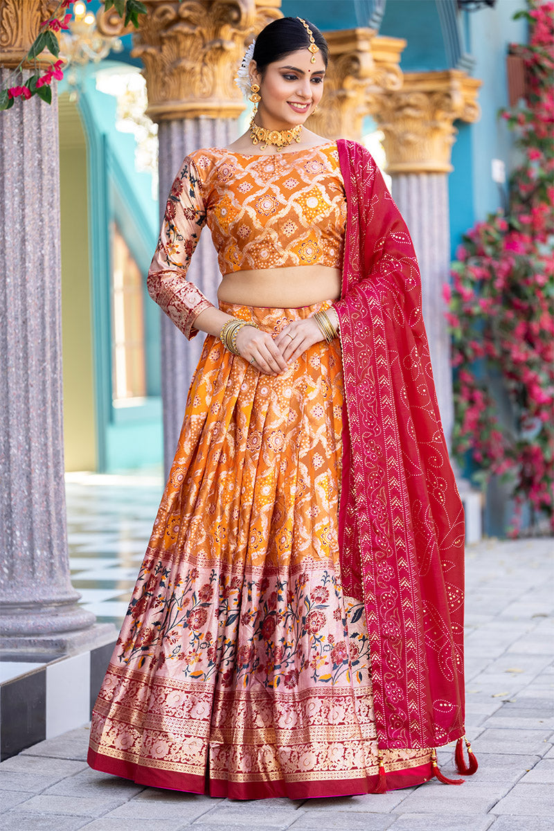 Exquisite Orange Tussar Silk Floral & Patola Print Lehenga Choli Set