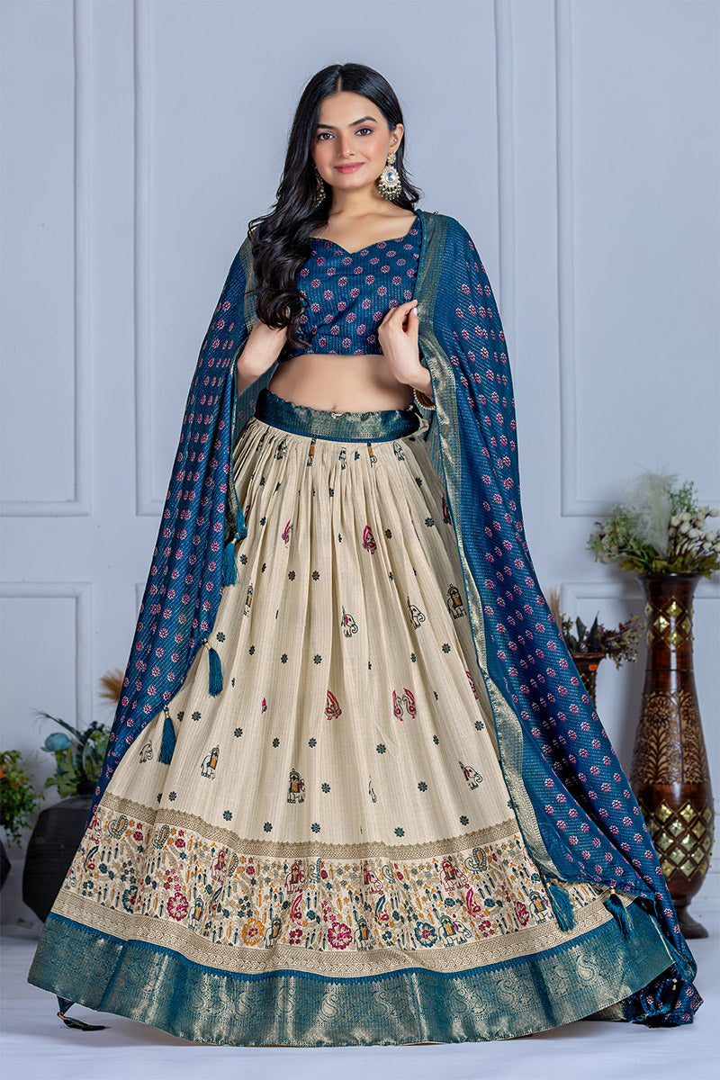 Elegant Beige And Blue Lichi Fabric WIth Jacquard Border Printed Lehenga Choli Set