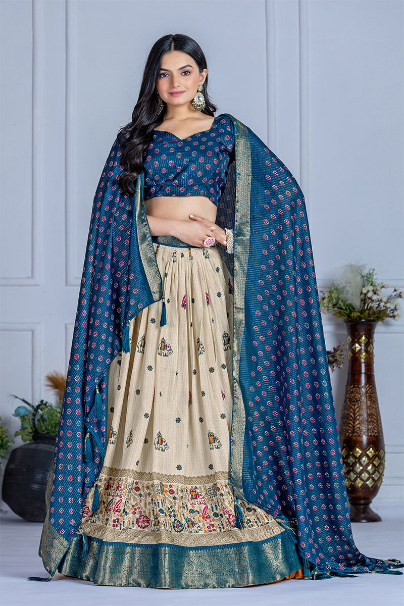 Elegant Beige And Blue Lichi Fabric WIth Jacquard Border Printed Lehenga Choli Set