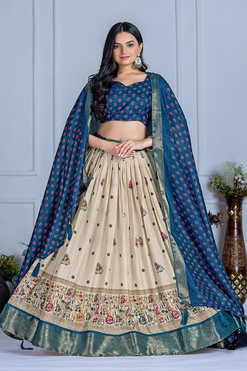 Elegant Beige And Blue Lichi Fabric WIth Jacquard Border Printed Lehenga Choli Set