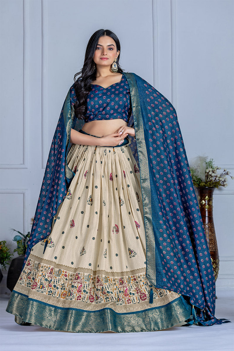 Elegant Beige And Blue Lichi Fabric WIth Jacquard Border Printed Lehenga Choli Set