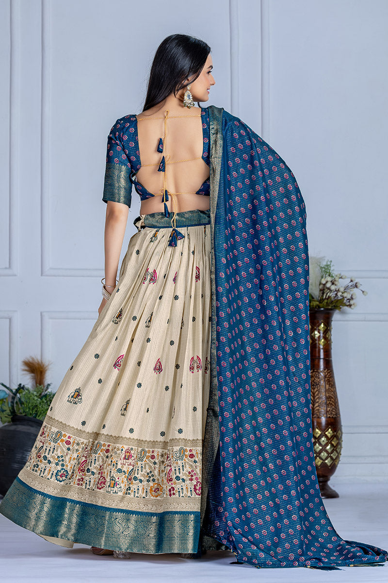 Elegant Beige And Blue Lichi Fabric WIth Jacquard Border Printed Lehenga Choli Set
