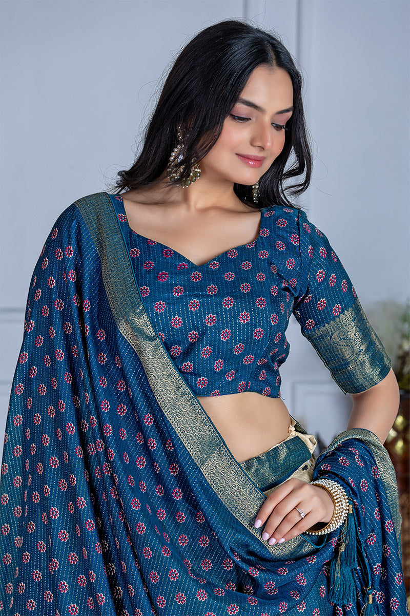 Elegant Beige And Blue Lichi Fabric WIth Jacquard Border Printed Lehenga Choli Set