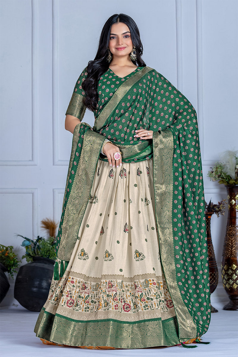 Elegant Beige And Green Lichi Fabric WIth Jacquard Border Printed Lehenga Choli Set