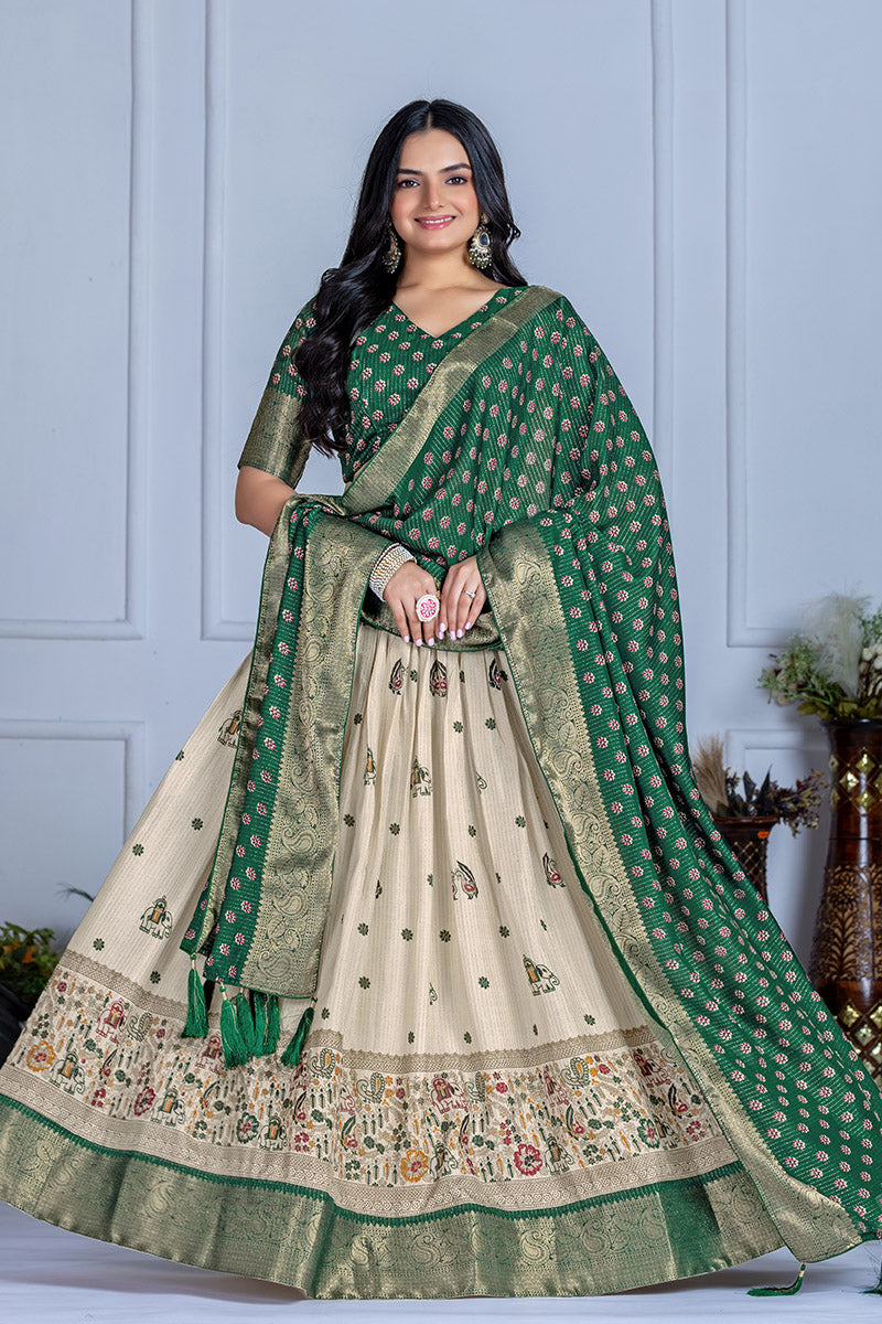 Elegant Beige And Green Lichi Fabric WIth Jacquard Border Printed Lehenga Choli Set